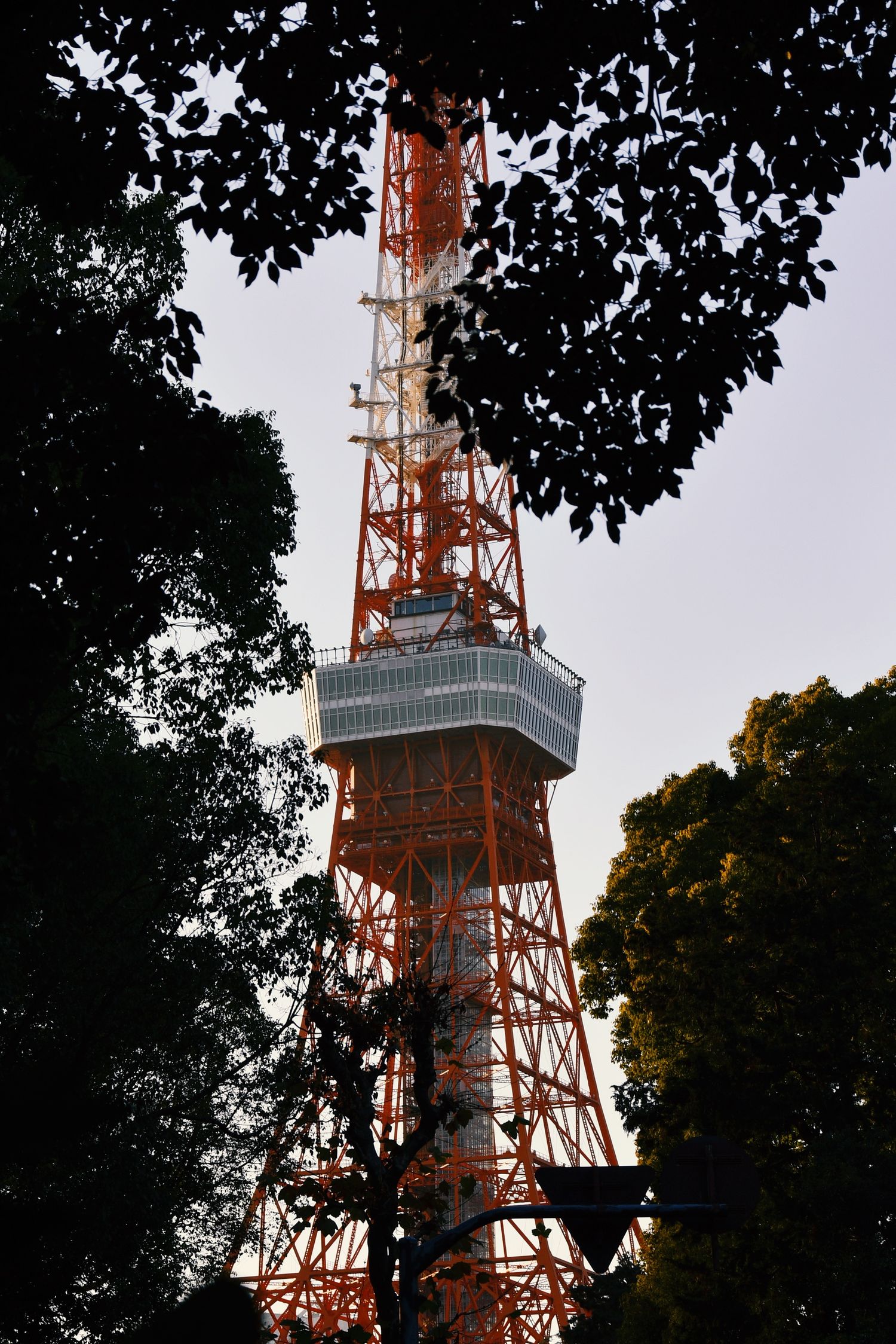 Tokyo Tower terlihat di antara pepohonan